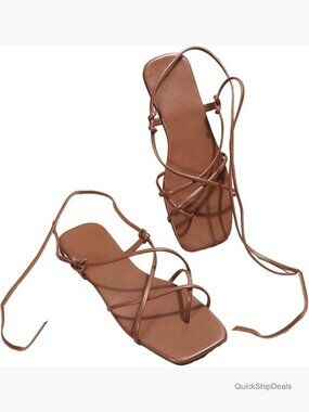 Leather Lace Up Strappy Flat Sandals Open Toe Ankle Strap